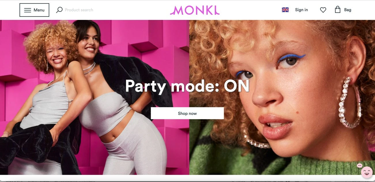 The Monki.com homepage at the time of the study — "Party mode: ON", with only a Sign in option in the header.