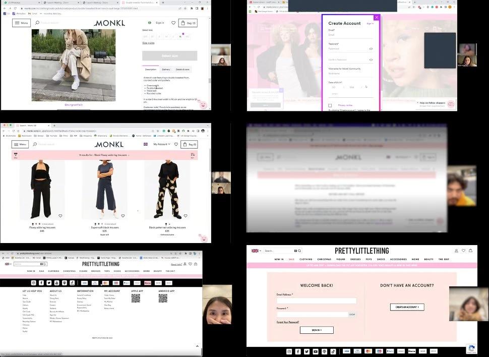Six screenshots from the moderated sessions — participants mid-task with screen share and webcam visible.