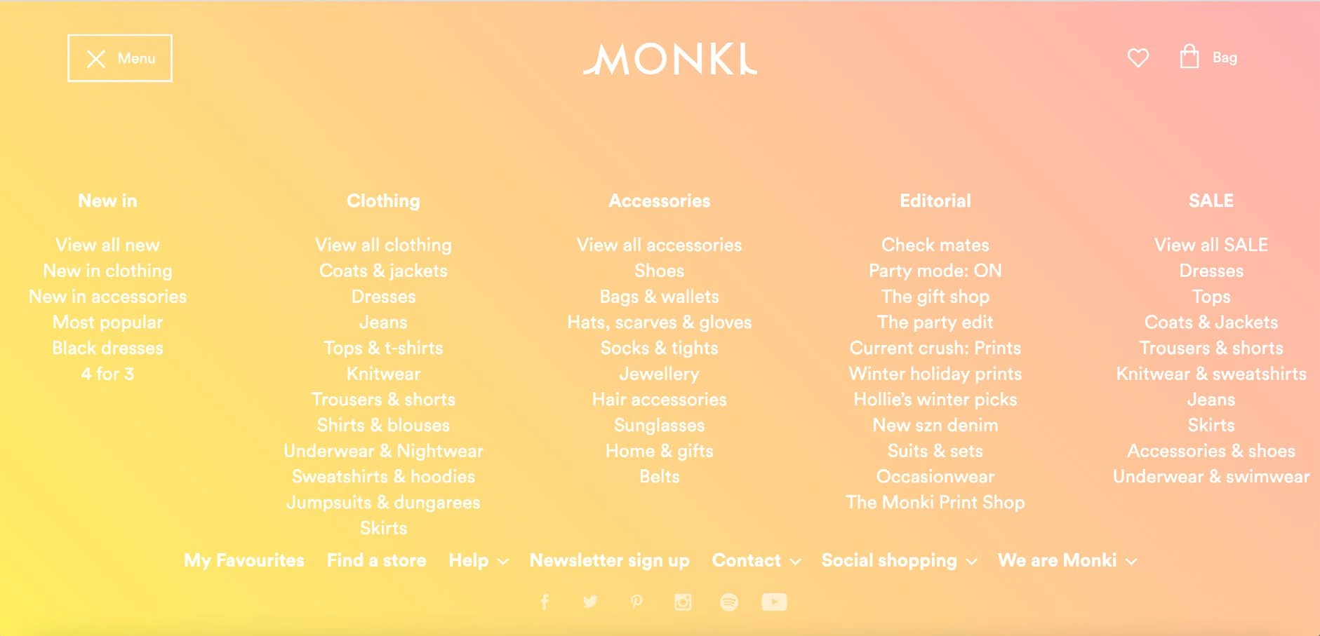Monki's menu at the time of the study — white text over a yellow-to-pink gradient background.