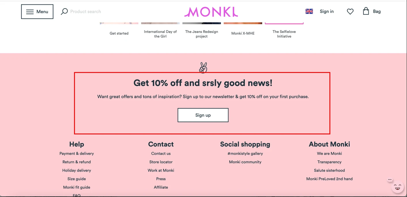 The newsletter "Sign up" block in Monki's footer that participants mistook for account creation.