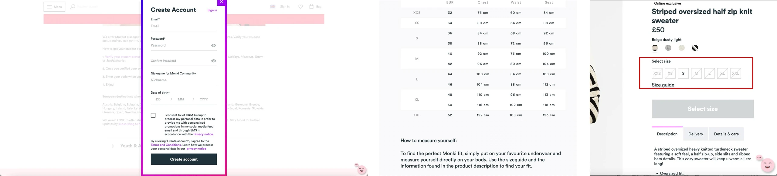 Evidence for the remaining issues — the long create-account form, the cm-only fit guide, and an out-of-stock size selector.
