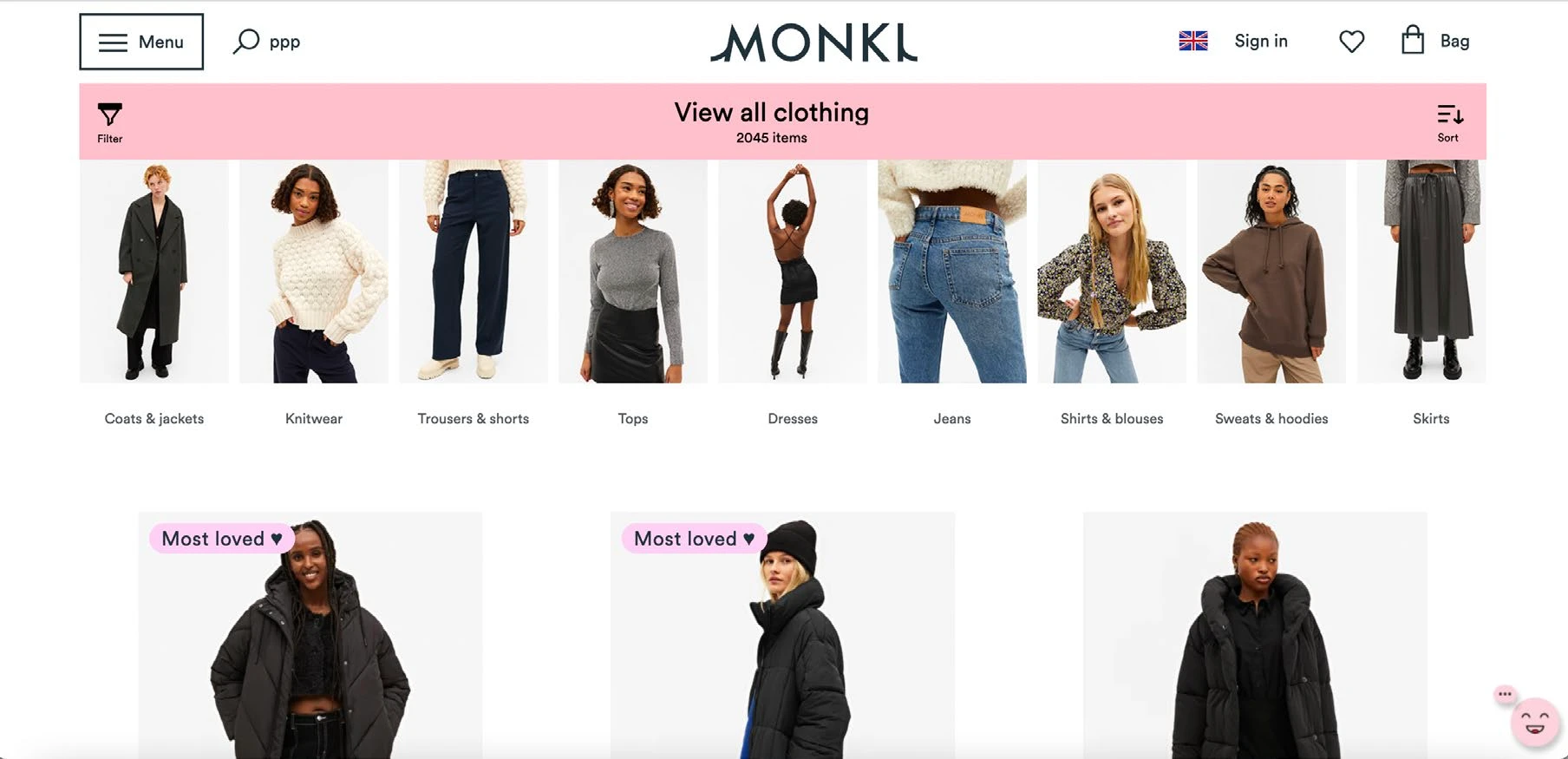 Monki category page with inconsistent product-image sizes and placement.
