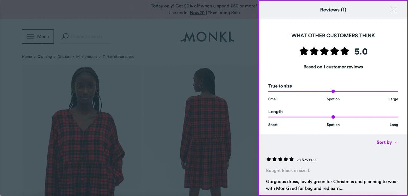 Monki's review drawer — a single read-only review, no way to write one.