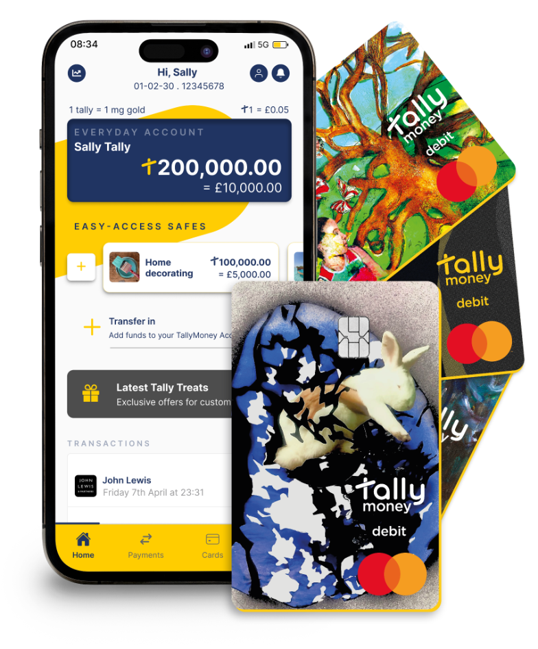 TallyMoney app home screen alongside a fan of gold-backed Mastercard debit cards.
