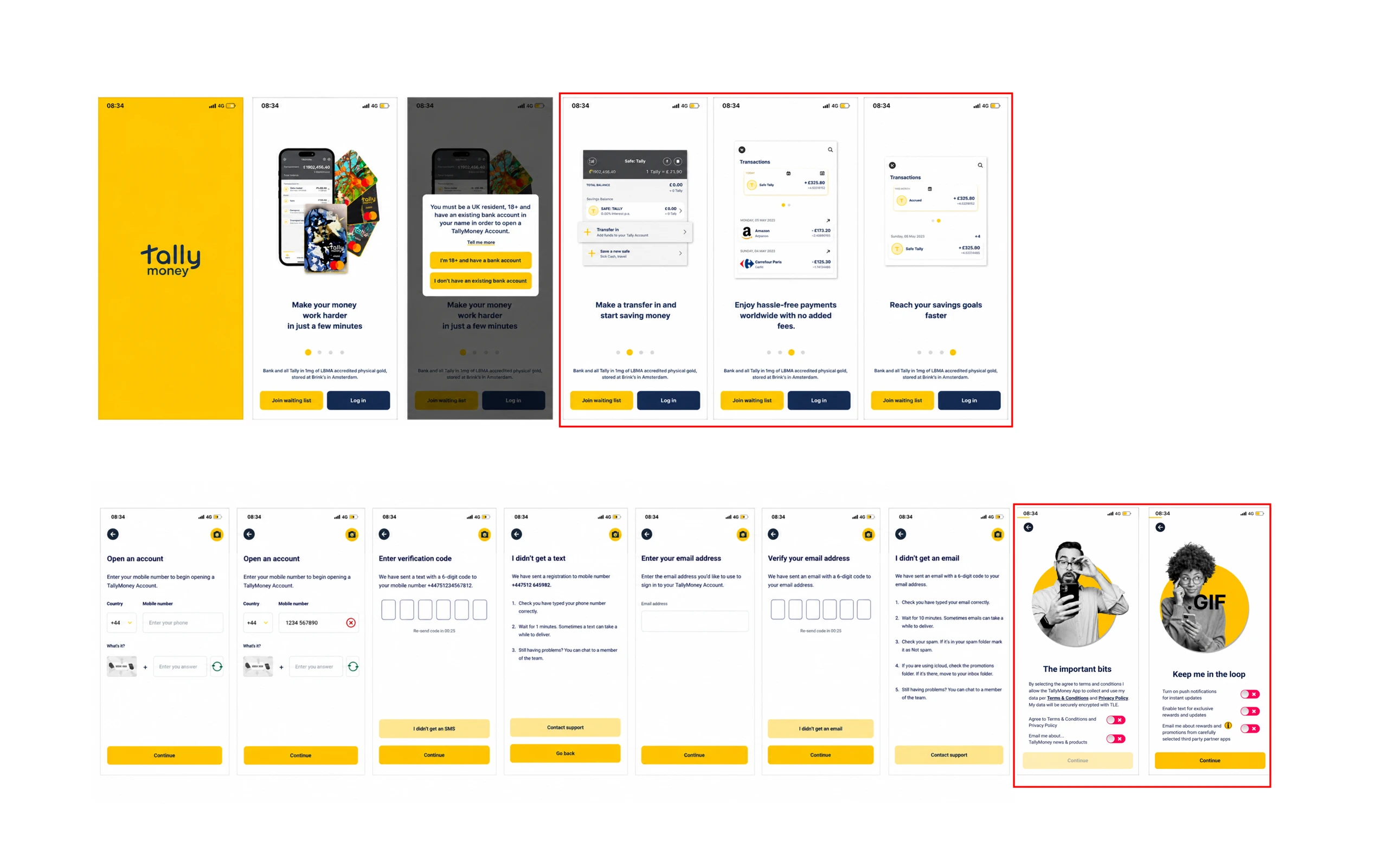 The old onboarding flow — GIF carousel, CAPTCHA and phone-first screens, with drop-off points annotated in red.
