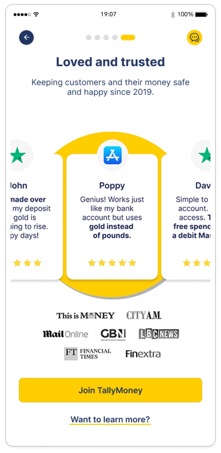 The "Loved and Trusted" social-proof screen with press coverage.