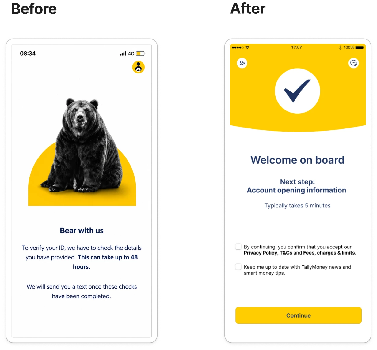 Step-dot progress indicators and the "Welcome on board" screen.